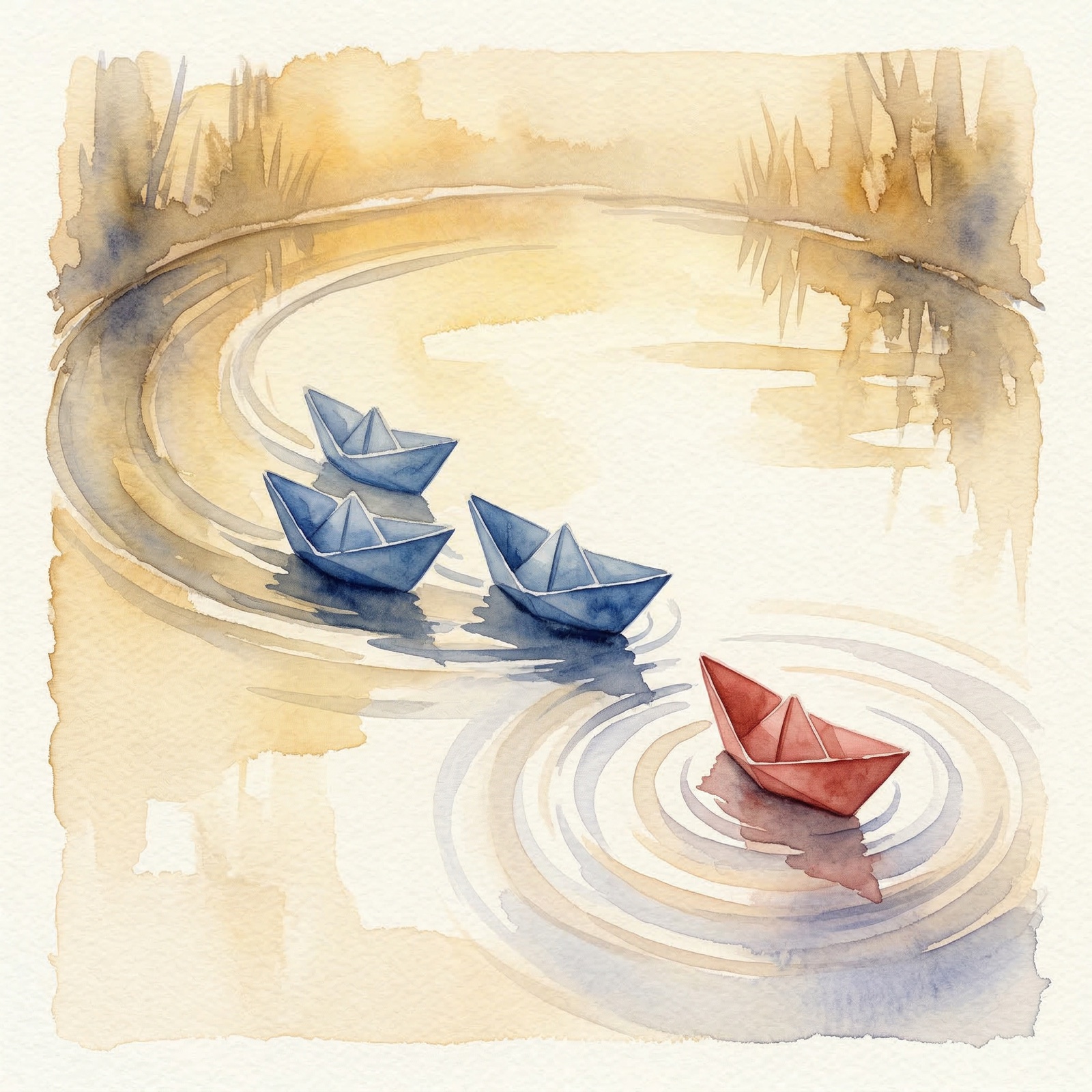 Watercolour of three blue paper boats following one line while a red boat breaks away.