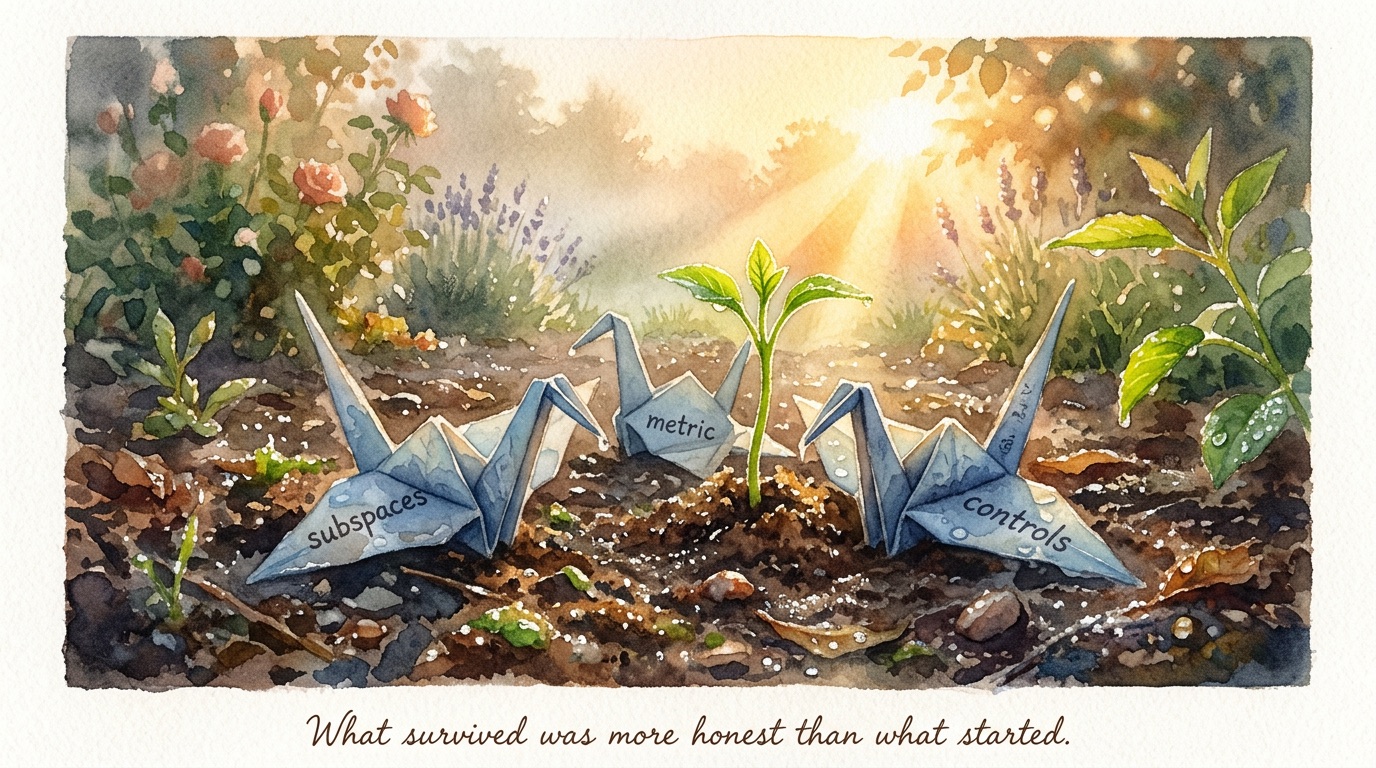 Watercolour of three blue origami cranes labelled subspaces, metric, and controls resting in garden soil while a green seedling rises between them in morning light.